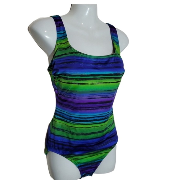 Vintage Longitude Swimsuit Blue/Green cross back. Size 10 - Picture 1 of 12